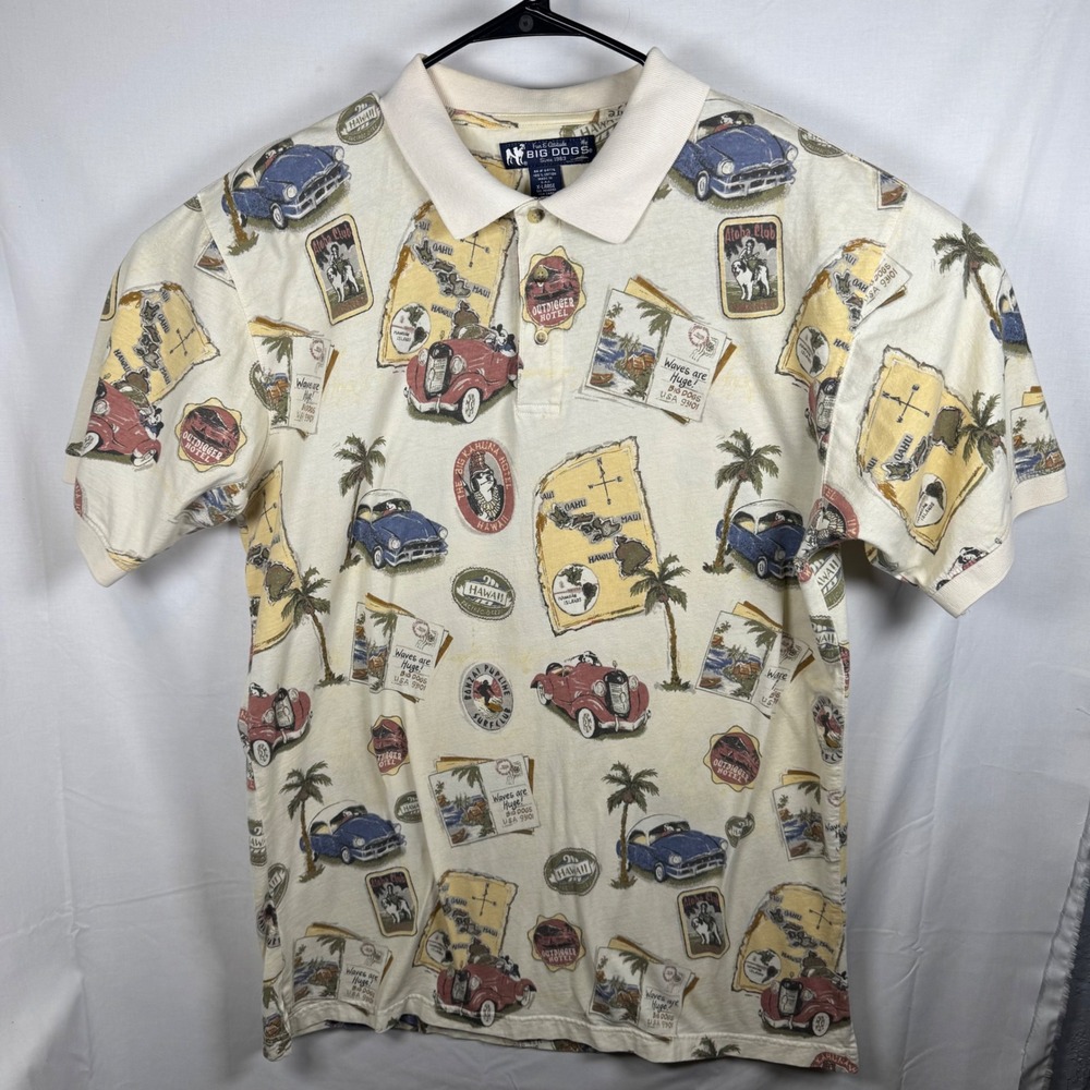 Big Dogs Polo Shirt Mens XL Cream Hawaii Allover Print Vintage Car Tropical 90s